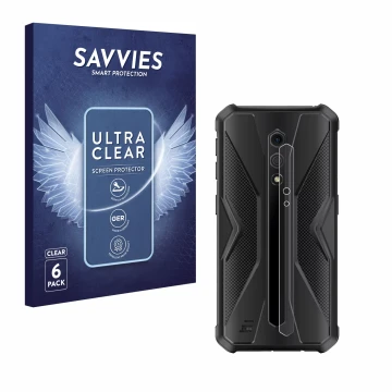 Parte frontal de un envase de producto con el logotipo de la marca Savvies. Al lado se muestra el dispositivo Ulefone Armor X1