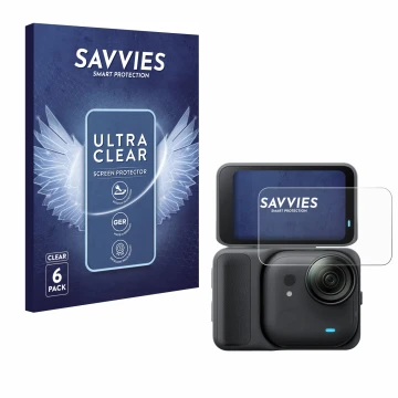 Parte frontal de un envase de producto con el logotipo de la marca Savvies. Al lado se muestra el dispositivo Insta360 Go Ultr