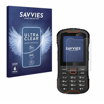 Parte frontal de un envase de producto con el logotipo de la marca Savvies. Al lado se muestra el dispositivo Gigaset GLX8 con