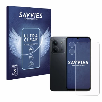 Parte frontal de un envase de producto con el logotipo de la marca Savvies. Al lado se muestra el dispositivo Xiaomi Redmi 15C