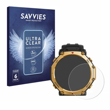Parte frontal de un envase de producto con el logotipo de la marca Savvies. Al lado se muestra el dispositivo Huami Amazfit T-