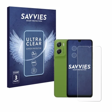 Parte frontal de un envase de producto con el logotipo de la marca Savvies. Al lado se muestra el dispositivo Motorola Moto G0