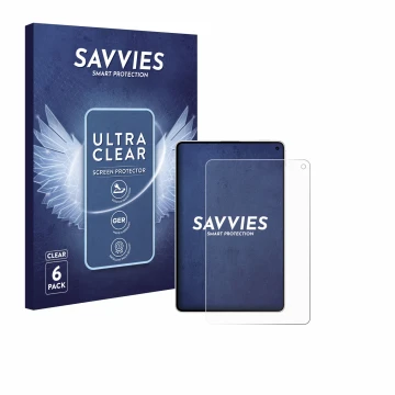 Parte frontal de un envase de producto con el logotipo de la marca Savvies. Al lado se muestra el dispositivo Huawei MatePad M