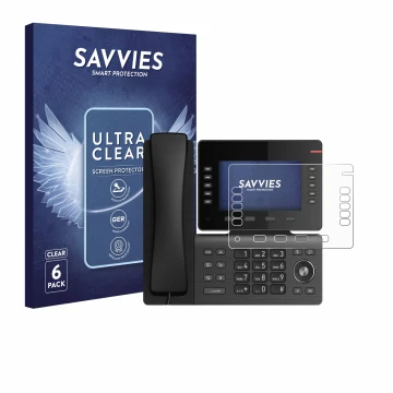 Parte frontal de un envase de producto con el logotipo de la marca Savvies. Al lado se muestra el dispositivo Snom D865 con su