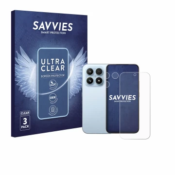 Parte frontal de un envase de producto con el logotipo de la marca Savvies. Al lado se muestra el dispositivo Xiaomi 17 (Front