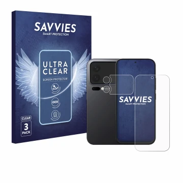 Parte frontal de un envase de producto con el logotipo de la marca Savvies. Al lado se muestra el dispositivo Xiaomi 17 Pro (F