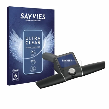 Parte frontal de un envase de producto con el logotipo de la marca Savvies. Al lado se muestra el dispositivo Motocaddy M7 GPS