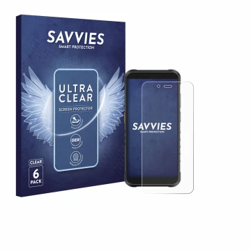Parte frontal de un envase de producto con el logotipo de la marca Savvies. Al lado se muestra el dispositivo Ulefone RugKing 