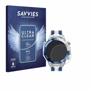Parte frontal de un envase de producto con el logotipo de la marca Savvies. Al lado se muestra el dispositivo Huawei Watch Ult