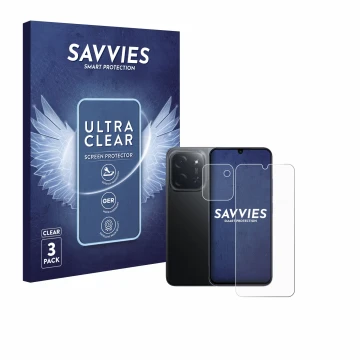 Parte frontal de un envase de producto con el logotipo de la marca Savvies. Al lado se muestra el dispositivo Xiaomi Poco C85 