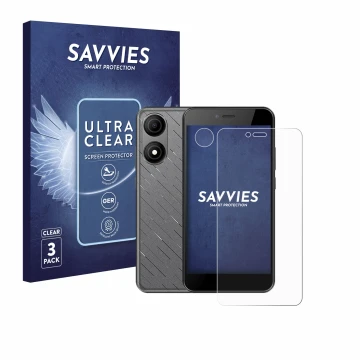 Parte frontal de un envase de producto con el logotipo de la marca Savvies. Al lado se muestra el dispositivo HTC Wildfire E5 