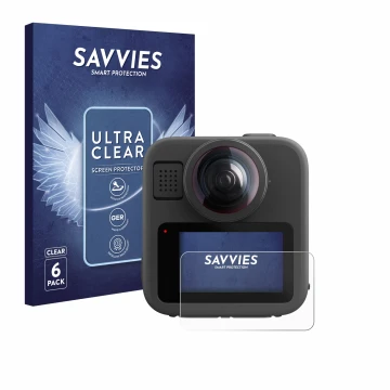 Parte frontal de un envase de producto con el logotipo de la marca Savvies. Al lado se muestra el dispositivo GoPro Max 2 con 