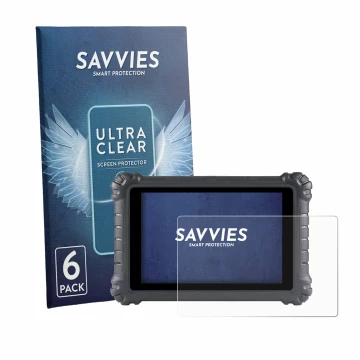 Parte frontal de un envase de producto con el logotipo de la marca Savvies. Al lado se muestra el dispositivo Autel MaxiSys MS