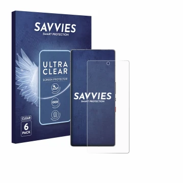 Parte frontal de un envase de producto con el logotipo de la marca Savvies. Al lado se muestra el dispositivo ZTE Nubia Red Ma