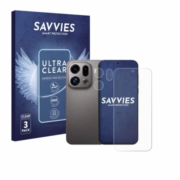 Parte frontal de un envase de producto con el logotipo de la marca Savvies. Al lado se muestra el dispositivo Oppo Find X9 (Fr