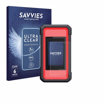 Parte frontal de un envase de producto con el logotipo de la marca Savvies. Al lado se muestra el dispositivo Launch X431 Smar