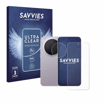 Parte frontal de un envase de producto con el logotipo de la marca Savvies. Al lado se muestra el dispositivo Vivo X300 (Front