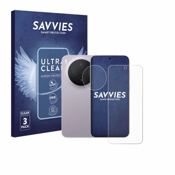 Parte frontal de un envase de producto con el logotipo de la marca Savvies. Al lado se muestra el dispositivo Vivo X300 Pro (F