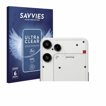 Parte frontal de un envase de producto con el logotipo de la marca Savvies. Al lado se muestra el dispositivo Nothing Phone (3