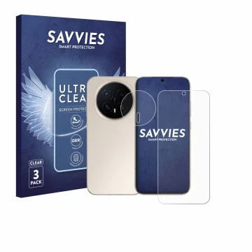 Parte frontal de un envase de producto con el logotipo de la marca Savvies. Al lado se muestra el dispositivo Honor Magic 8 (F