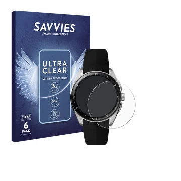 Parte frontal de un envase de producto con el logotipo de la marca Savvies. Al lado se muestra el dispositivo TAG Heuer Connec