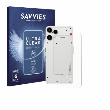 Parte frontal de un envase de producto con el logotipo de la marca Savvies. Al lado se muestra el dispositivo Nothing Phone (3