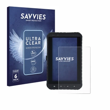 Parte frontal de un envase de producto con el logotipo de la marca Savvies. Al lado se muestra el dispositivo Winmate M700DQ8 