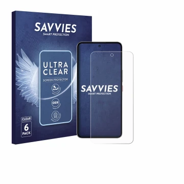 Parte frontal de un envase de producto con el logotipo de la marca Savvies. Al lado se muestra el dispositivo Nubia Neo 3 GT 5