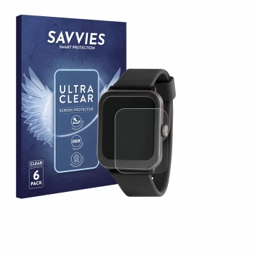 Parte frontal de un envase de producto con el logotipo de la marca Savvies. Al lado se muestra el dispositivo Sector Smartwatc