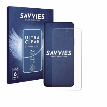 Parte frontal de un envase de producto con el logotipo de la marca Savvies. Al lado se muestra el dispositivo Xiaomi Poco M7 P