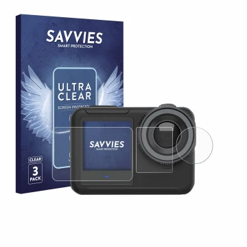 Parte frontal de un envase de producto con el logotipo de la marca Savvies. Al lado se muestra el dispositivo SVBONY SVGO3 4K 