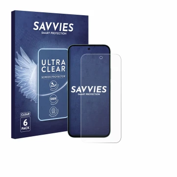 Parte frontal de un envase de producto con el logotipo de la marca Savvies. Al lado se muestra el dispositivo Honor X6c con su