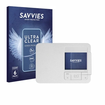 Parte frontal de un envase de producto con el logotipo de la marca Savvies. Al lado se muestra el dispositivo Canon Selphy CP1