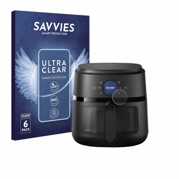 Parte frontal de un envase de producto con el logotipo de la marca Savvies. Al lado se muestra el dispositivo Philips Airfryer