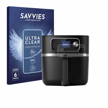 Parte frontal de un envase de producto con el logotipo de la marca Savvies. Al lado se muestra el dispositivo Philips Airfryer