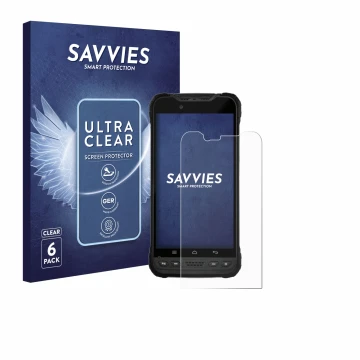 Parte frontal de un envase de producto con el logotipo de la marca Savvies. Al lado se muestra el dispositivo Zebra Xplore M60