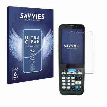 Parte frontal de un envase de producto con el logotipo de la marca Savvies. Al lado se muestra el dispositivo Unitech HT330 co