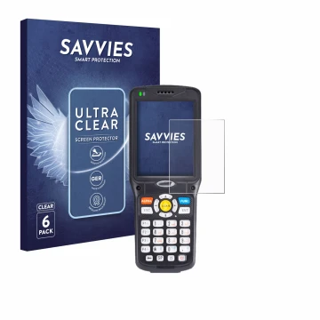 Parte frontal de un envase de producto con el logotipo de la marca Savvies. Al lado se muestra el dispositivo Unitech HT510 co