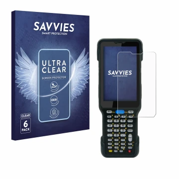 Parte frontal de un envase de producto con el logotipo de la marca Savvies. Al lado se muestra el dispositivo Unitech HT730 co