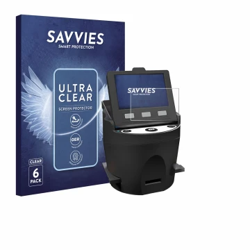 Parte frontal de un envase de producto con el logotipo de la marca Savvies. Al lado se muestra el dispositivo Kodak SCANZA con