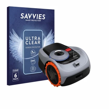 Parte frontal de un envase de producto con el logotipo de la marca Savvies. Al lado se muestra el dispositivo Navimow i105E+ c