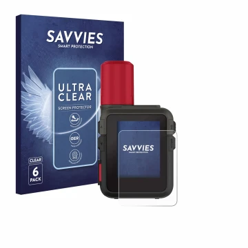 Parte frontal de un envase de producto con el logotipo de la marca Savvies. Al lado se muestra el dispositivo Garmin inReach M