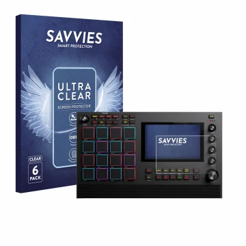 Parte frontal de un envase de producto con el logotipo de la marca Savvies. Al lado se muestra el dispositivo Akai MPC Live II