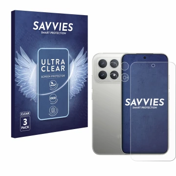 Parte frontal de un envase de producto con el logotipo de la marca Savvies. Al lado se muestra el dispositivo Xiaomi Poco F8 P