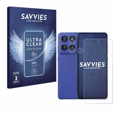 Parte frontal de un envase de producto con el logotipo de la marca Savvies. Al lado se muestra el dispositivo Motorola Edge 60