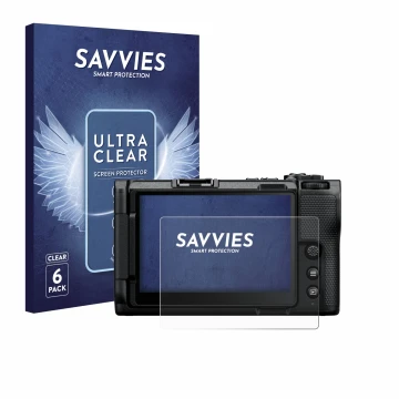 Parte frontal de un envase de producto con el logotipo de la marca Savvies. Al lado se muestra el dispositivo Nikon ZR 2025 co