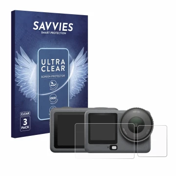 Parte frontal de un envase de producto con el logotipo de la marca Savvies. Al lado se muestra el dispositivo DJI Osmo Action 