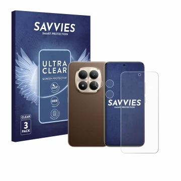Parte frontal de un envase de producto con el logotipo de la marca Savvies. Al lado se muestra el dispositivo Xiaomi Redmi Not
