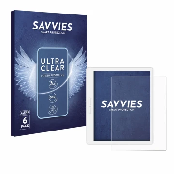 Parte frontal de un envase de producto con el logotipo de la marca Savvies. Al lado se muestra el dispositivo Bigme B751C-S co
