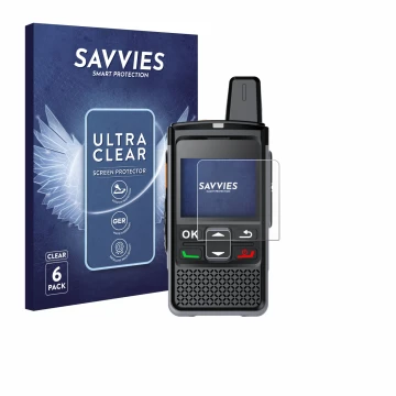 Parte frontal de un envase de producto con el logotipo de la marca Savvies. Al lado se muestra el dispositivo Hytera PNC360S c